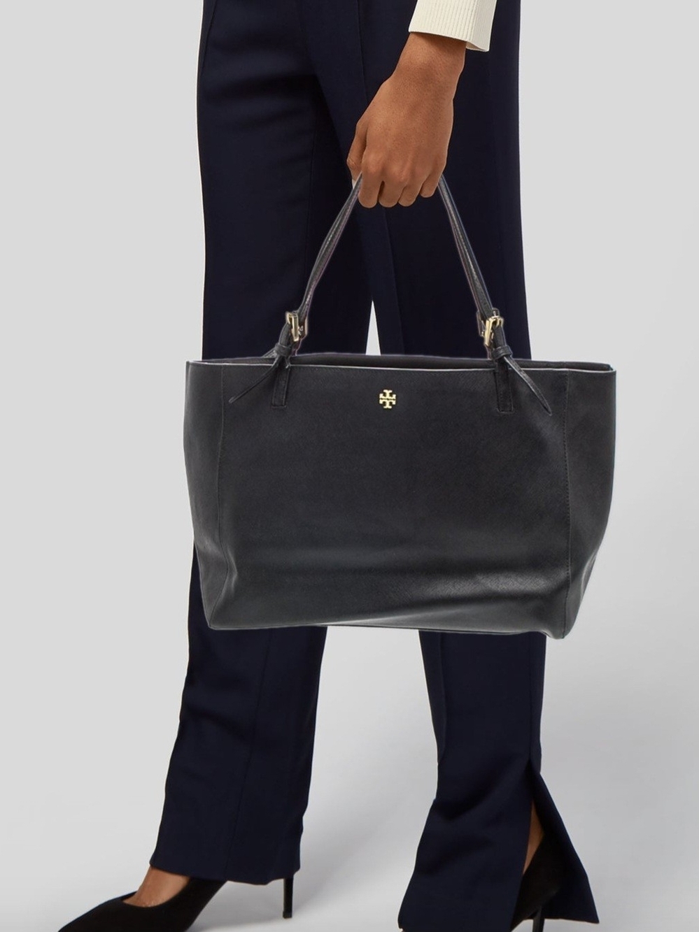 Tory Burch York Buckle Tote Purse Black Leather Tote with Gold Logo